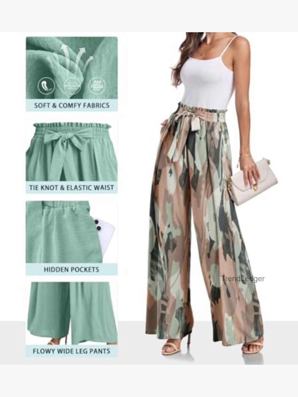 High Waisted Palazzo Pants with Pockets Wide Leg Trousers - Picture 3 of 7